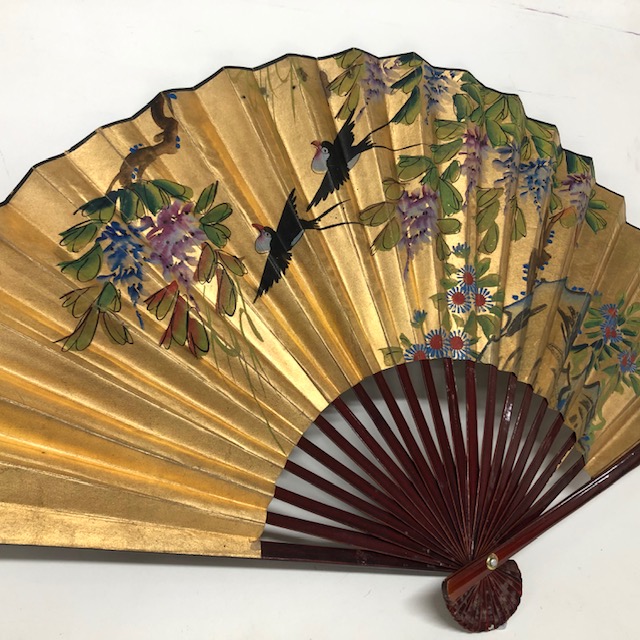 FAN, Asian Style - Large Gold w Painted Birds & Flowers 110cm 